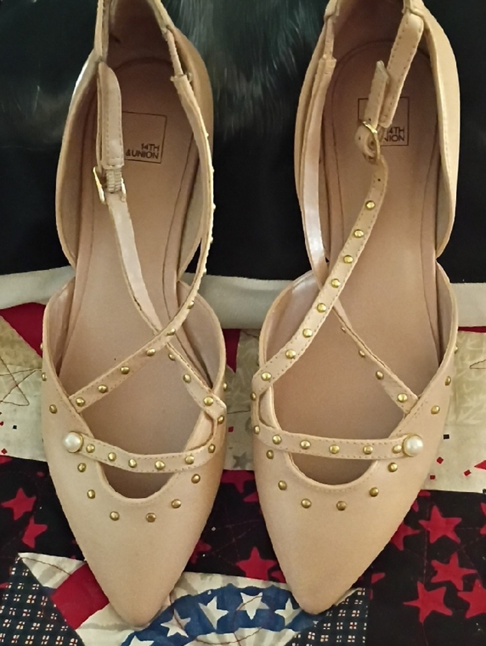 14th & Union Women's Nude Pointed Toe Studded Flats